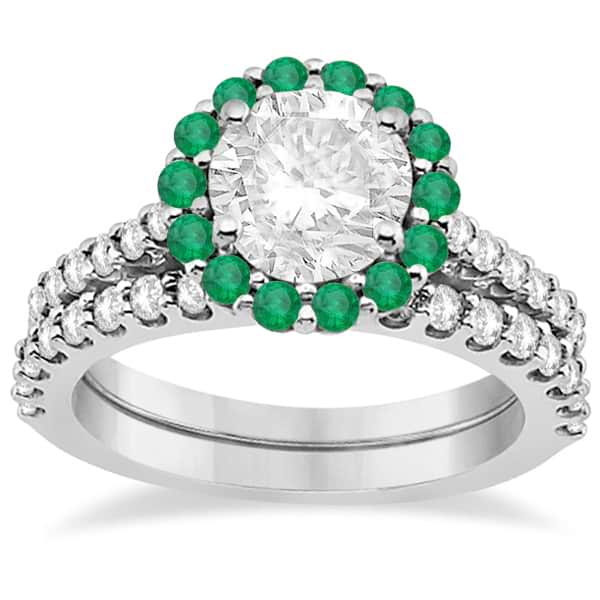 Halo Diamond & Emerald Bridal Engagement Ring Set 18K White Gold (1.12ct)