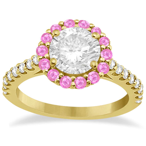 Halo Diamond & Pink Sapphire Engagement Ring 18K Yellow Gold (0.74ct)