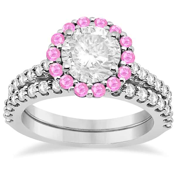 Halo Diamond & Pink Sapphire Bridal Ring Set 18K White Gold (1.12ct)