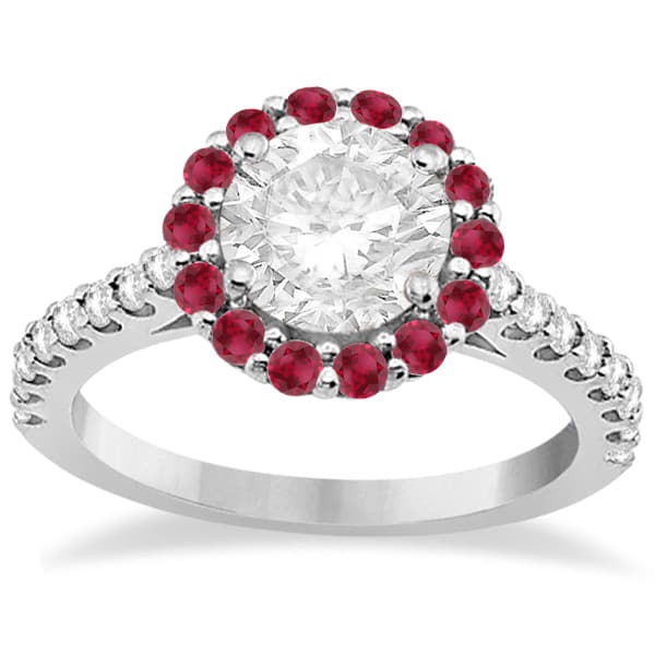 Round Halo Diamond & Ruby Engagement Ring 14K White Gold (1.16ct)