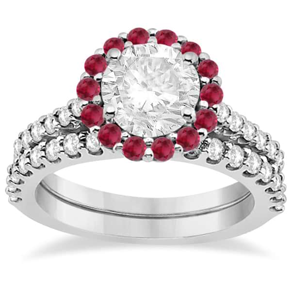 Halo Diamond & Ruby Bridal Engagement Ring Set 14K White Gold (1.54ct)