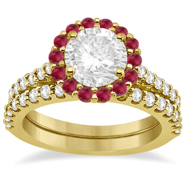 Halo Diamond & Ruby Bridal Engagement Ring Set 18K Yellow Gold (1.54ct)