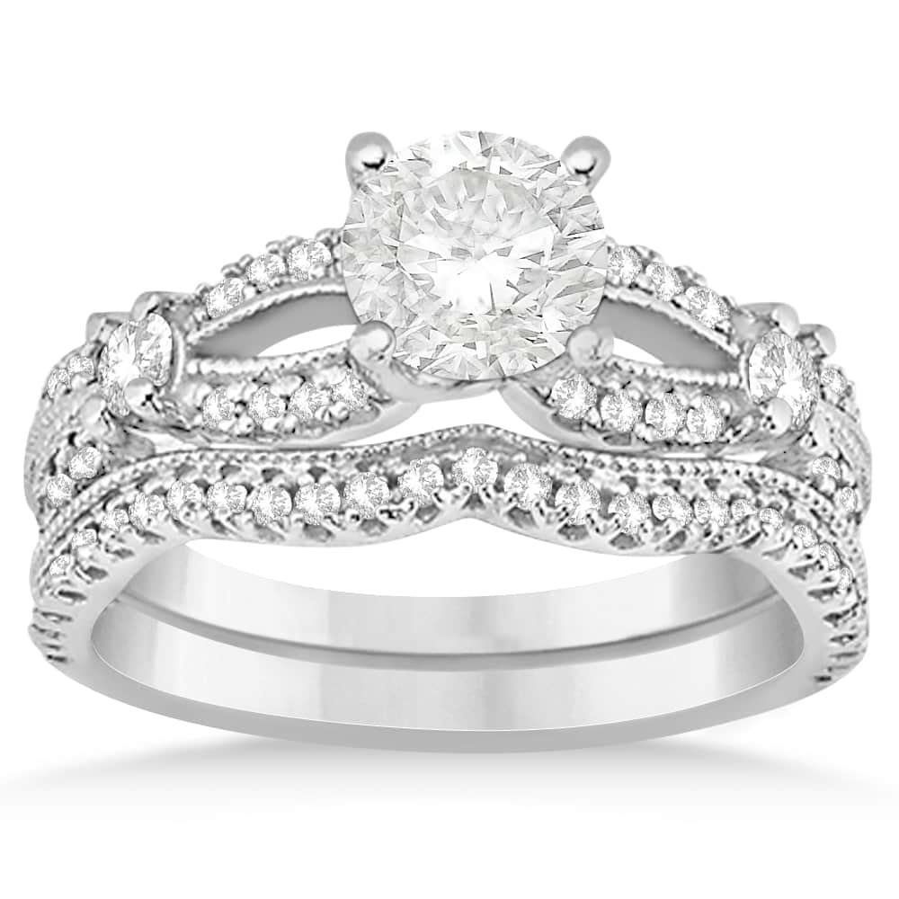 Diamond Split Shank Bridal Ring Set Milgrain 14k White Gold (0.69ct)