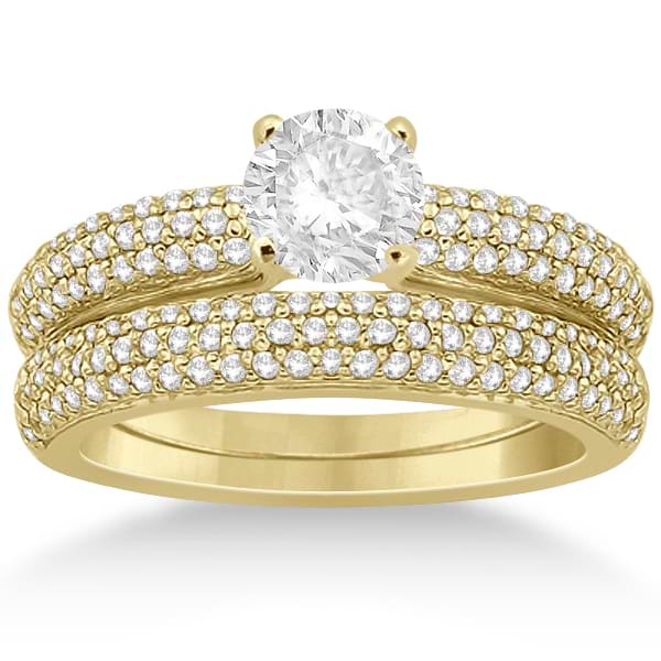 Triple Row Pave Diamond Engagement Ring & Band 14K Yellow Gold 0.78ct