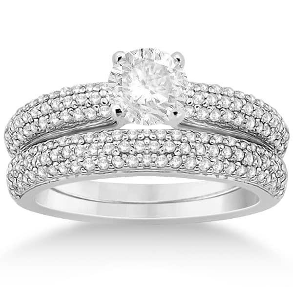 Triple Row Pave Diamond Engagement Ring & Band Platinum 0.78ct