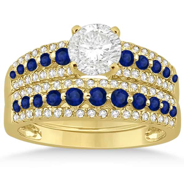 Three-Row Blue Sapphire & Diamond Bridal Set 18k Yellow Gold (1.18ct)