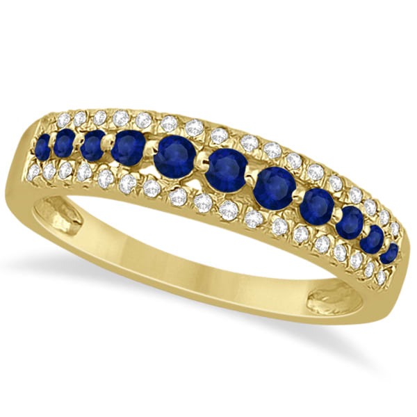 Three-Row Blue Sapphire & Diamond Wedding Band 14k Yellow Gold 0.63ct
