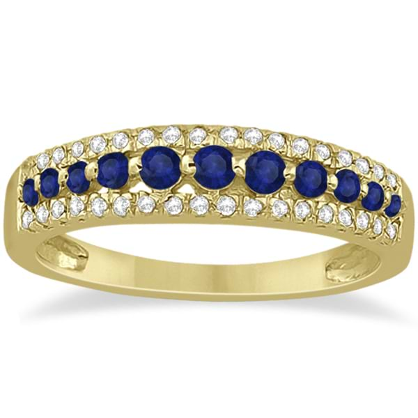 Three-Row Blue Sapphire & Diamond Wedding Band 14k Yellow Gold 0.63ct ...