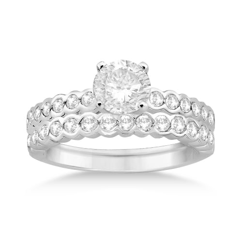 Bezel Diamond Engagement Ring & Matching Band 14k White Gold (0.83ct)