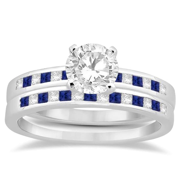 Princess Diamond & Blue Sapphire Bridal Ring Set 18k White Gold (0.54ct)