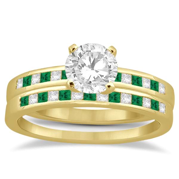 Princess Cut Diamond & Emerald Bridal Ring Set 14k Yellow Gold (0.54ct)