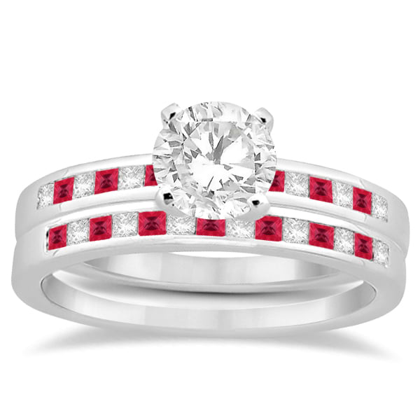 Princess Cut Diamond & Ruby Bridal Ring Set 14k White Gold (0.54ct)