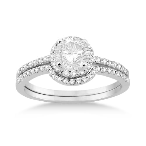 Petite Halo Diamond Engagement Ring & Band 14k White Gold (0.40ct)