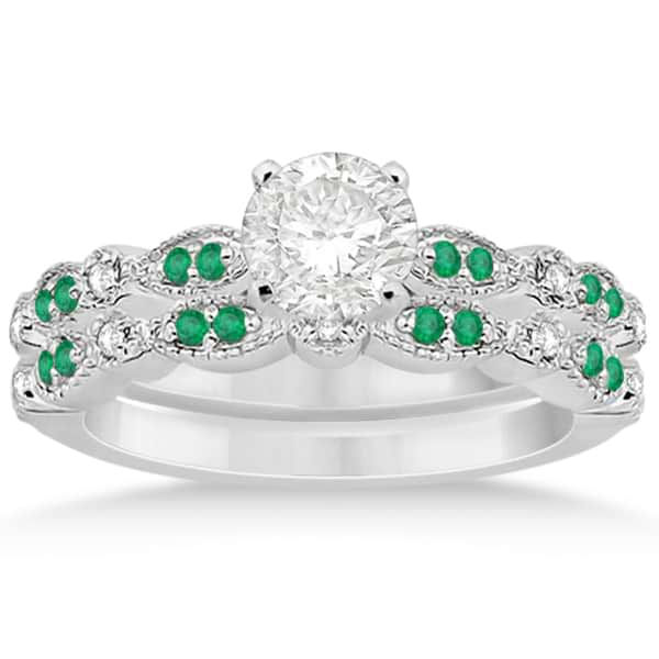 Petite Emerald & Diamond Marquise Bridal Set 14k White Gold (0.41ct)