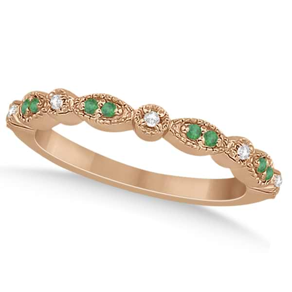 Petite Emerald & Diamond Marquise Wedding Band 14k Rose Gold 0.21ct