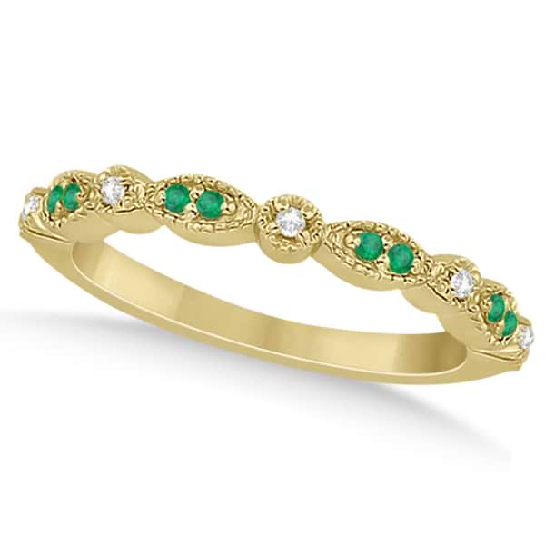 Petite Emerald & Diamond Marquise Wedding Band 18k Yellow Gold 0.21ct