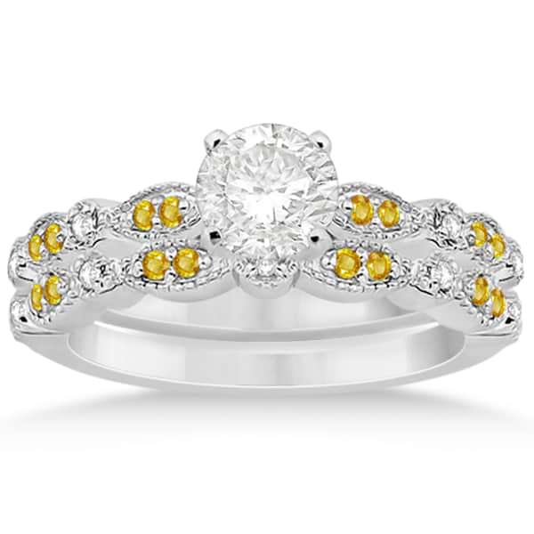 Yellow Sapphire & Diamond Marquise Bridal Set 14k White Gold (0.49ct)