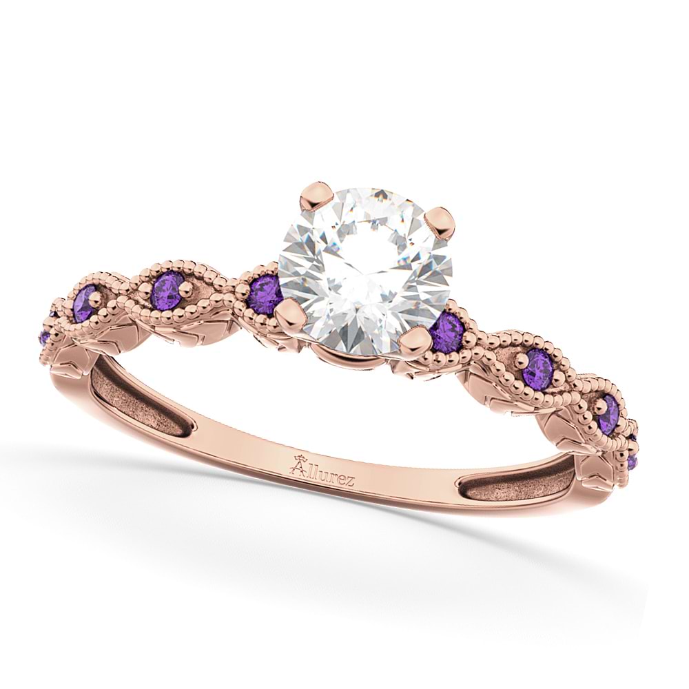 Vintage Diamond & Amethyst Engagement Ring 14k Rose Gold 0.75ct