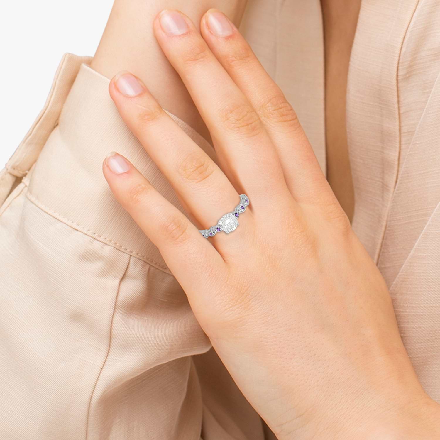 Vintage Diamond & Amethyst Engagement Ring 14k White Gold 1.50ct