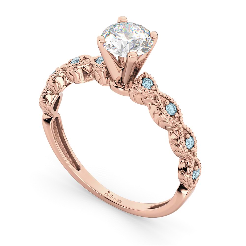 Vintage Diamond & Aquamarine Engagement Ring 14k Rose Gold 0.75ct