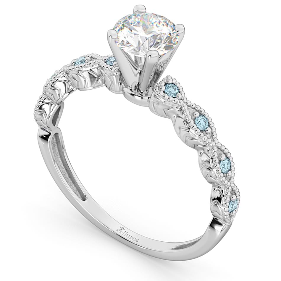 Vintage Diamond & Aquamarine Engagement Ring 14k White Gold 0.75ct