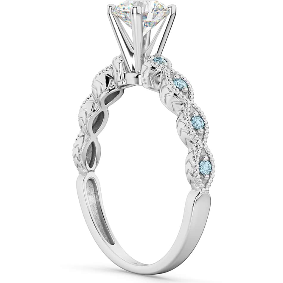 Vintage Diamond & Aquamarine Engagement Ring 14k White Gold 1.00ct