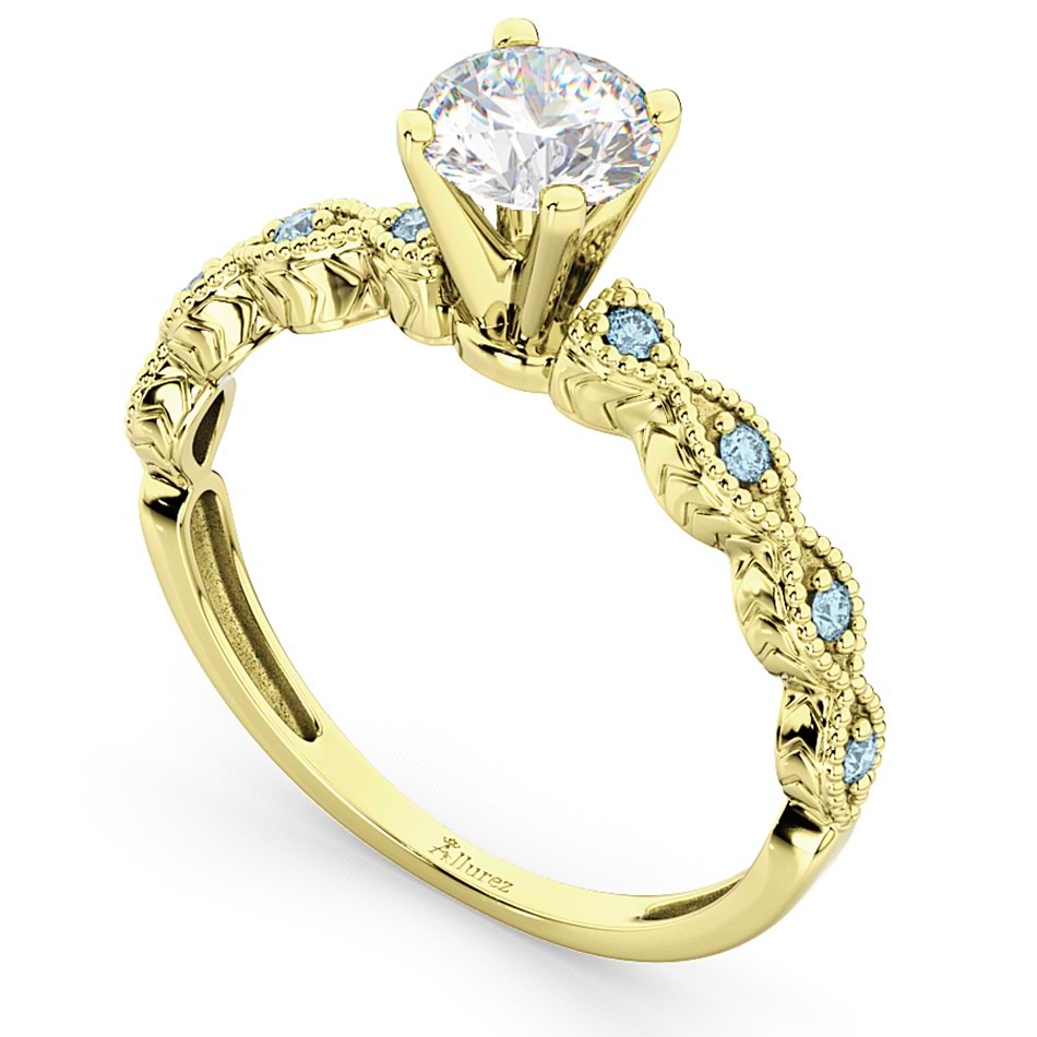 Vintage Diamond & Aquamarine Engagement Ring 14k Yellow Gold 1.00ct