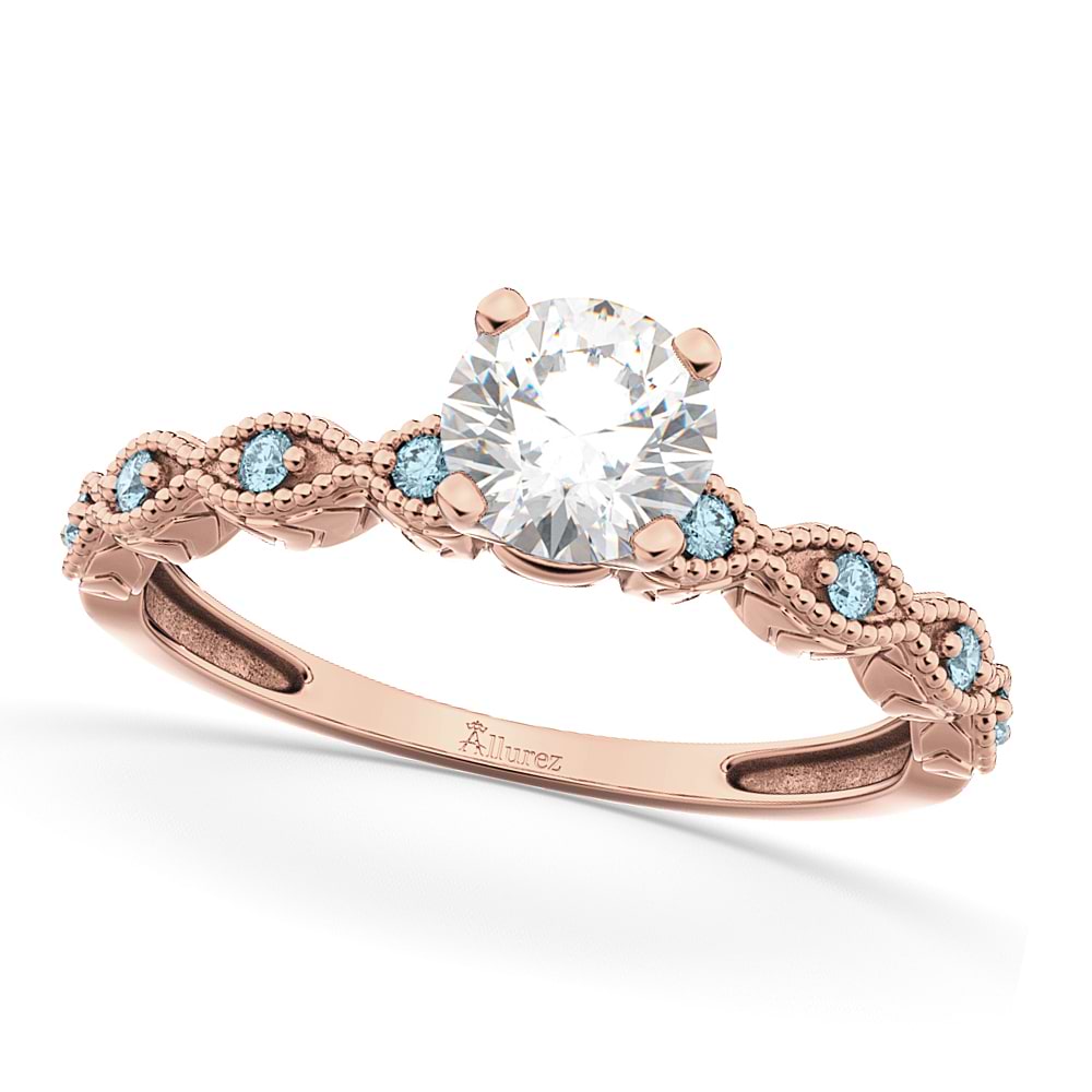 Vintage Lab Grown Diamond & Aquamarine Engagement Ring 14k Rose Gold 0.50ct