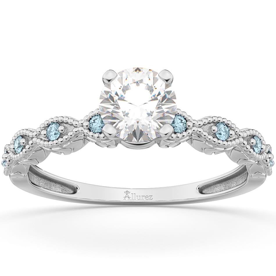 Vintage Lab Grown Diamond & Aquamarine Engagement Ring 14k White Gold 1.00ct