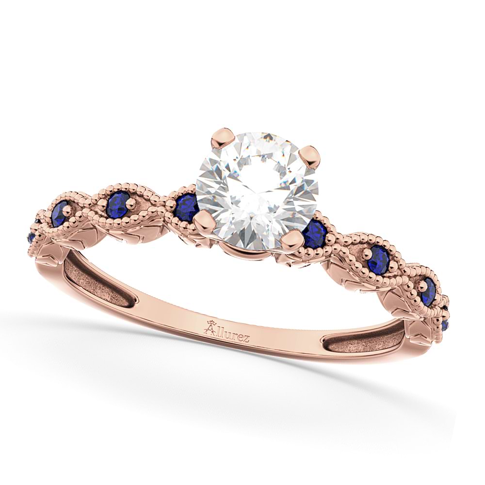 Vintage Diamond & Blue Sapphire Engagement Ring 14k Rose Gold 0.75ct