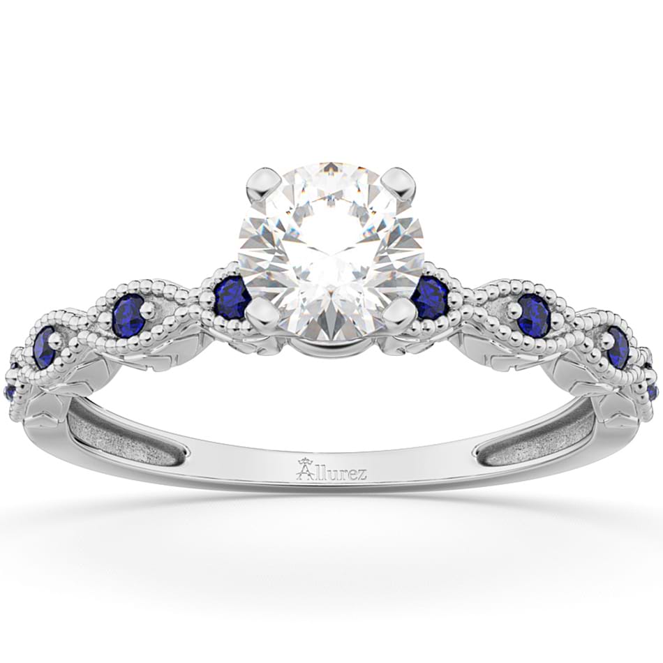 Vintage Diamond & Blue Sapphire Engagement Ring 18k White Gold 0.50ct