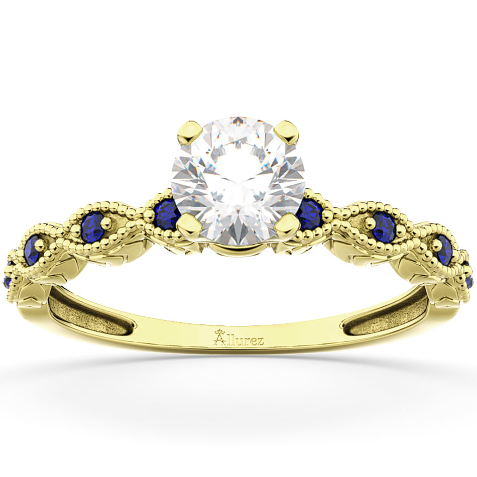 Vintage Lab Grown Diamond & Blue Sapphire Engagement Ring 14k Yellow Gold 0.75ct