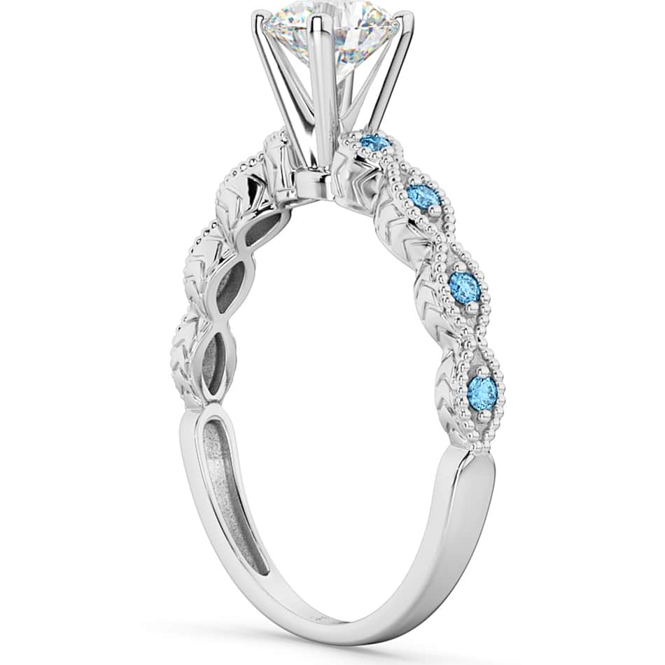 Vintage Diamond & Blue Topaz Engagement Ring 18k White Gold 0.50ct