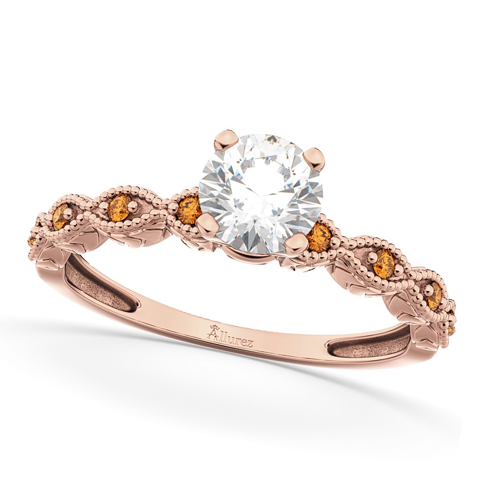 Vintage Diamond & Citrine Engagement Ring 14k Rose Gold 0.50ct