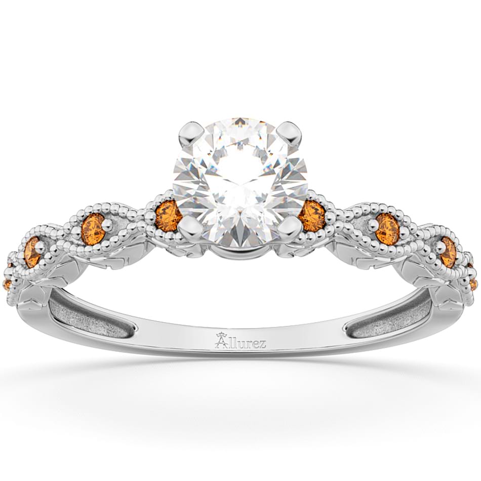 Vintage Lab Grown Diamond & Citrine Engagement Ring 14k White Gold 0.75ct