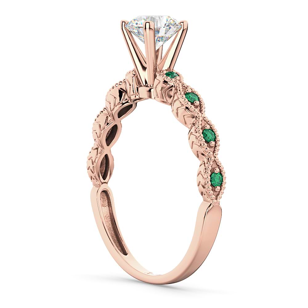 Vintage Diamond & Emerald Engagement Ring 14k Rose Gold 0.50ct
