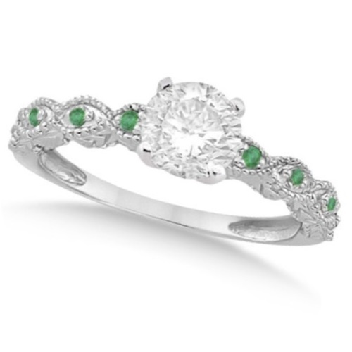Vintage Diamond & Emerald Engagement Ring 14k White Gold 0.50ct