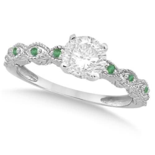 Vintage Diamond & Emerald Engagement Ring 14k White Gold 0.75ct