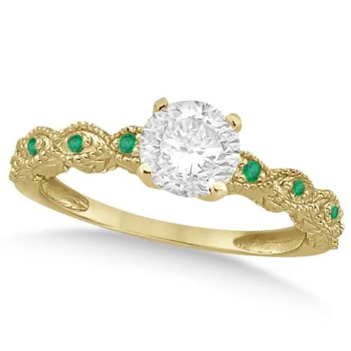 Vintage Diamond & Emerald Engagement Ring 14k Yellow Gold 0.75ct
