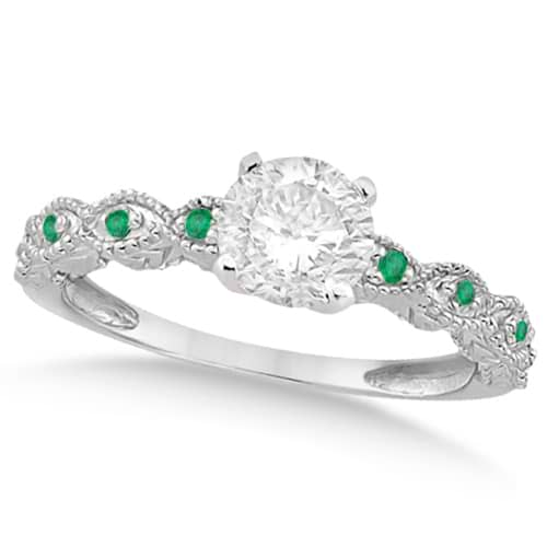 Vintage Diamond & Emerald Engagement Ring 18k White Gold 0.75ct