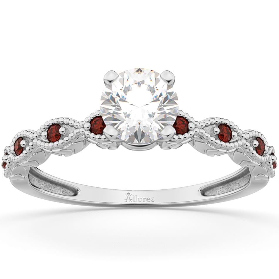 Vintage Lab Grown Diamond & Garnet Engagement Ring 18k White Gold 0.50ct