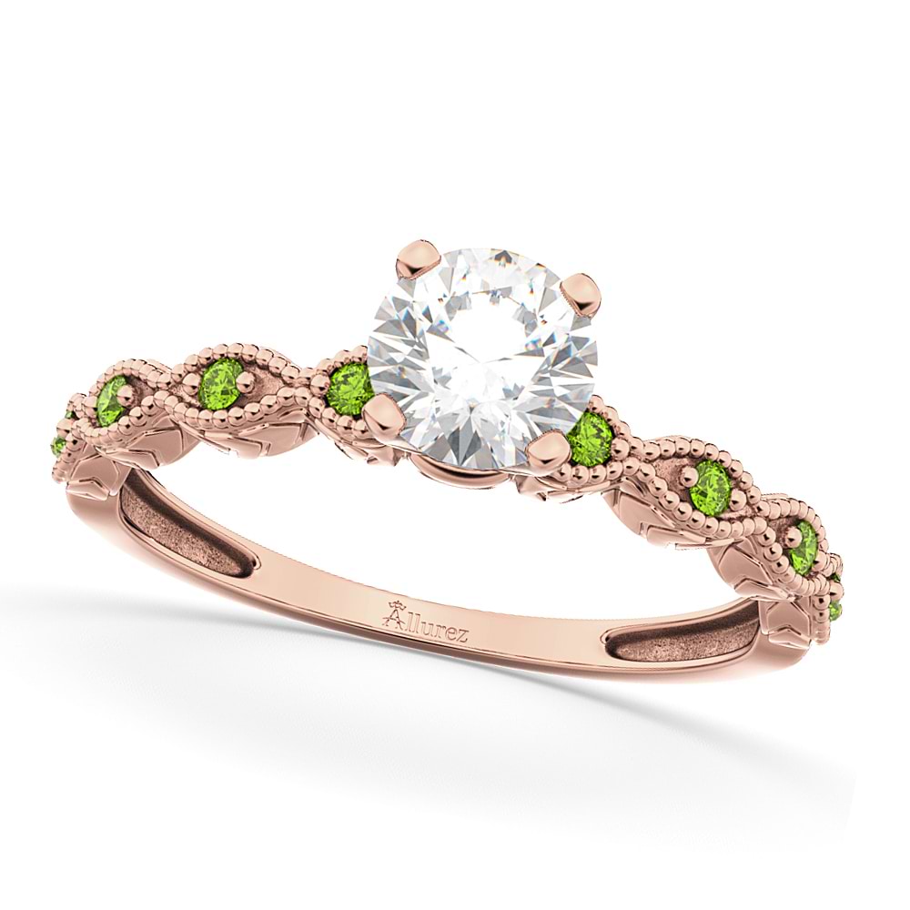 Vintage Diamond & Peridot Engagement Ring 14k Rose Gold 0.50ct