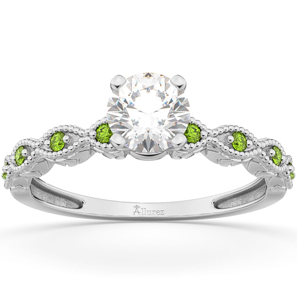Vintage Diamond & Peridot Engagement Ring 14k White Gold 0.50ct