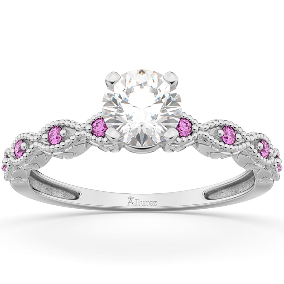Vintage Diamond & Pink Sapphire Engagement Ring 14k White Gold 0.75ct