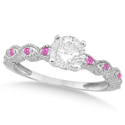 Vintage Lab Grown Diamond & Pink Sapphire Engagement Ring 14k White Gold 1.00ct