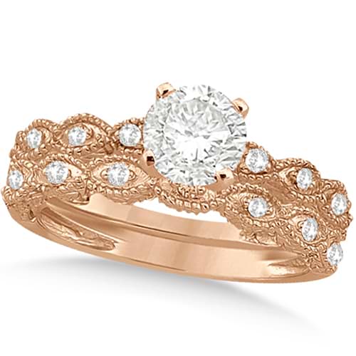 Petite Antique-Design Diamond Bridal Set in 14k Rose Gold (0.83ct)