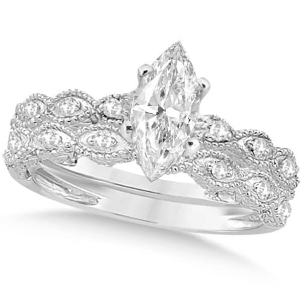 Marquise Antique Style Diamond Bridal Set in 14k White Gold (1.58ct)