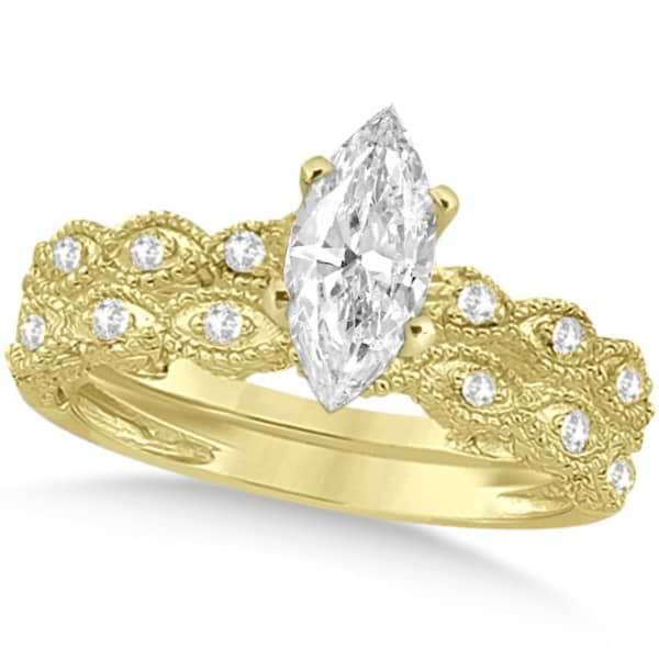Marquise Antique Style Diamond Bridal Set in 14k Yellow Gold (1.58ct)