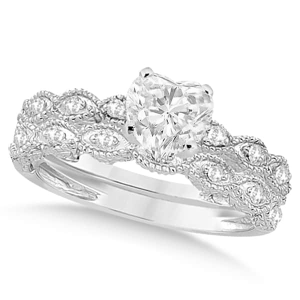 Heart-Cut Antique Style Diamond Bridal Set in 14k White Gold (0.58ct)