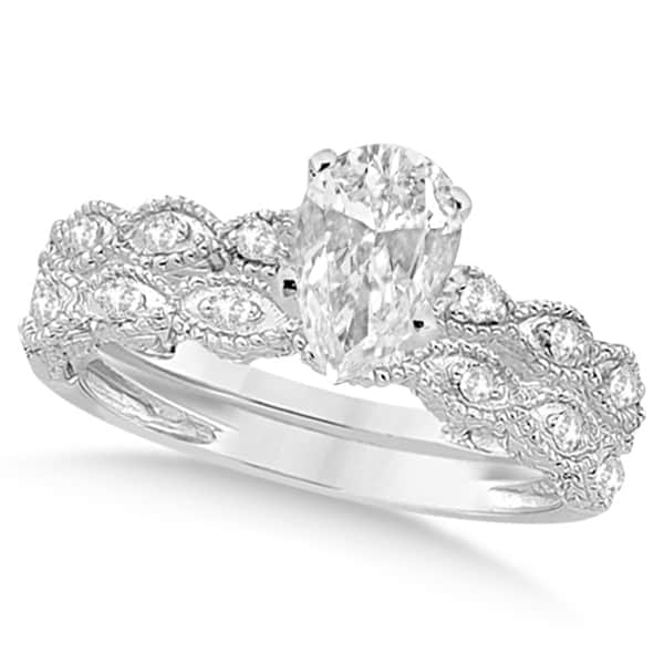 Pear-Cut Antique Style Diamond Bridal Set in 14k White Gold (0.58ct)